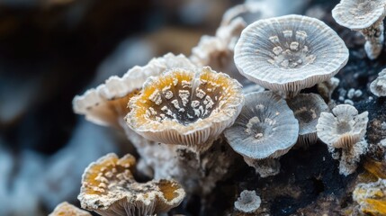 Poster - Close-up view of colorful fungus and mold growth on a textured surface showcasing intricate patterns and natural details.