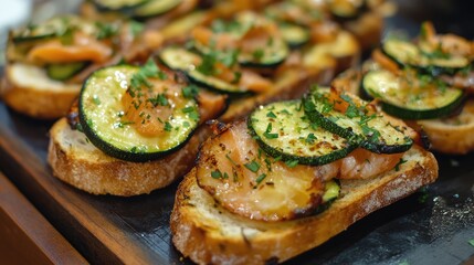 Poster - Crostini with Smoked Salmon Zucchini and Cheese Appetizers on Wooden Platter for Gourmet Dining Experience