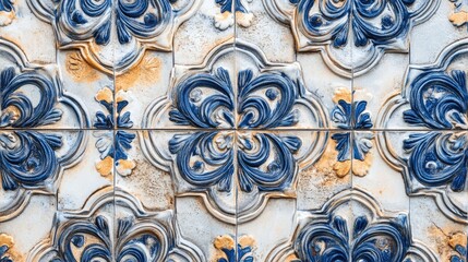 Poster - Decorative blue and white vintage tiles with intricate floral patterns used for interior or architectural design backgrounds