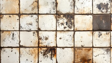Poster - Aged kitchen tiles with dirty grouting showcasing an abstract pattern of wear and stains on a rustic surface