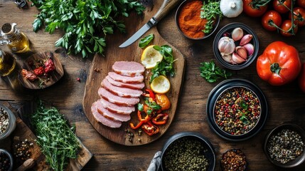 Poster - Bountiful table spread featuring sliced ham with fresh vegetables herbs and spices on a rustic wooden surface