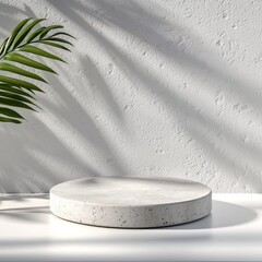 Aufkleber - Minimalist Concrete Display Stand with Green Leaf and Shadow Play in Modern Setting