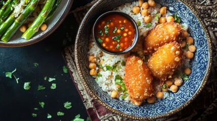 Poster - Savory rice bowl with chickpeas, asparagus, fried cheese, and dipping sauce in an elegant setting for gourmet food photography