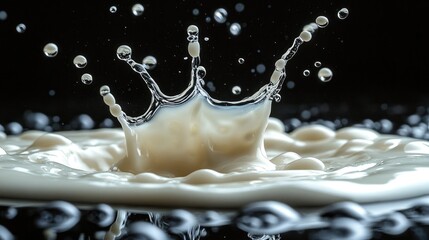 Aufkleber - Milk splash creating dynamic droplets against a contrasting black background showcasing texture and fluid motion in a visually striking composition