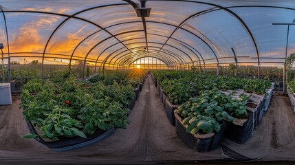Poster - A greenhouse filled with vibrant plants at sunset, showcasing agricultural growth.