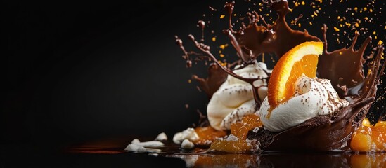 Poster - Chocolate cream dessert with orange sauce and splashes on dark background showcasing a gourmet culinary experience.