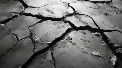 Poster - Cracked and weathered concrete surface showcasing intricate patterns and textures in monochrome tones for abstract backgrounds and designs