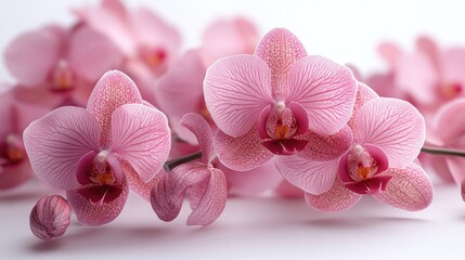Poster - Delicate pink wild orchid flowers gracefully arranged on a soft white background showcasing their intricate beauty and vibrant colors
