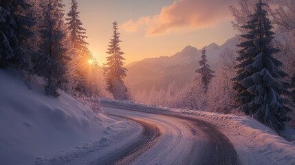 Poster - Winding country road through snowy fir trees in mountain valley at sunset serene winter landscape with soft lighting and tranquil atmosphere