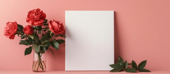 Canvas Print - Floral arrangement with red peony roses and green leaves next to a blank white canvas on a warm pink background for artwork mockup