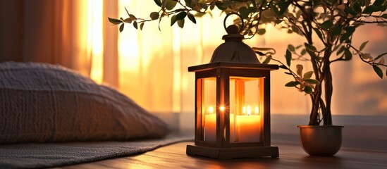 Aufkleber - Decorative wooden lantern with candles illuminating a cozy room beside a potted plant and soft textures during sunset.