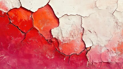 Poster - Vintage cracked concrete wall texture in faded red and white with visible peeling for design and artistic backgrounds