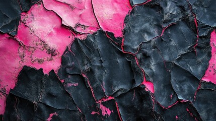 Poster - Cracked black and pink textured paper close-up showcasing intricate details and vibrant color contrast suitable for background or design use.