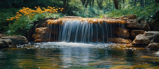 Poster - Serene waterfall cascading over rocks into a tranquil pool surrounded by lush greenery and vibrant flowers in a peaceful natural setting