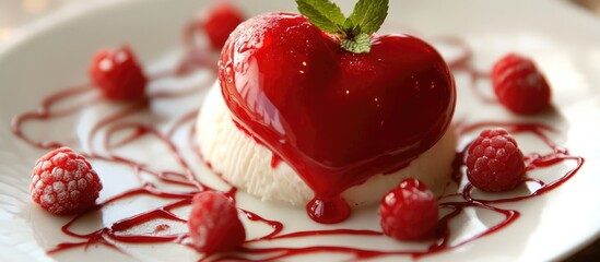 Poster - Heart-shaped dessert topped with red raspberry sauce and garnished with mint leaves on a white plate with fresh raspberries around it.