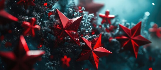 Aufkleber - Christmas tree adorned with vibrant red star ornaments creating a festive holiday atmosphere and capturing the spirit of seasonal celebrations