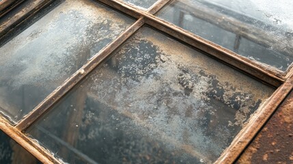 Poster - Dirty glass canopy above a frame window showcasing a weathered transparent awning roof with corrosion and grime details.