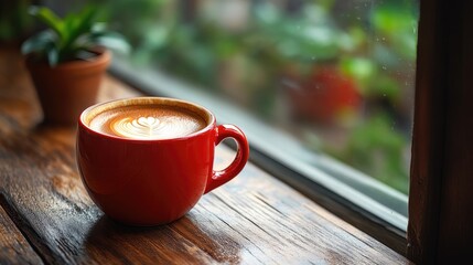 Poster - Red coffee cup on wooden table near window with greenery background and small potted plant in soft natural light indoors