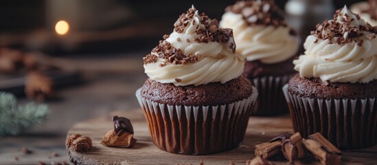 Poster - Decadent chocolate cupcakes topped with creamy frosting and nuts on a rustic wooden table with warm, inviting atmosphere