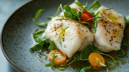 Poster - Dish of delicate dumplings featuring flavorful white fish garnished with fresh greens and cherry tomatoes elegantly plated