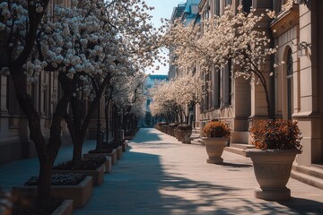 Poster - A serene alley lined with flowering trees and planters, creating a tranquil atmosphere.