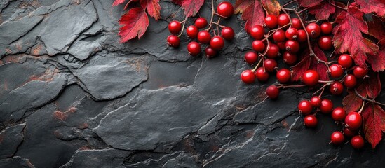 Aufkleber - Vibrant red berries with autumn leaves on slate background ideal for creative designs and marketing materials with ample copy space