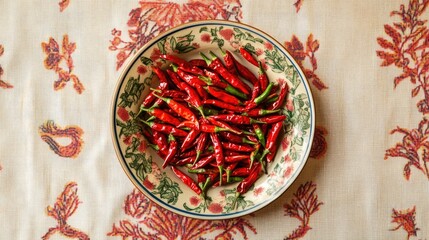 Poster - Bowl of vibrant bird eye chilies on a decorative tablecloth showcasing rich colors and intricate patterns