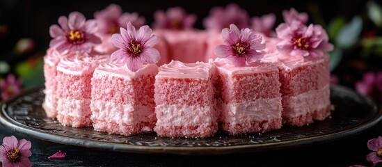 Poster - Pink layered cakes adorned with delicate flowers on an elegant silver platter against a dark background showcasing culinary artistry.