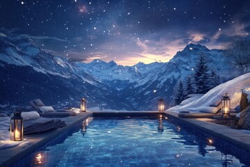 Poster - A serene mountain pool scene under a starry sky with snow and lanterns.