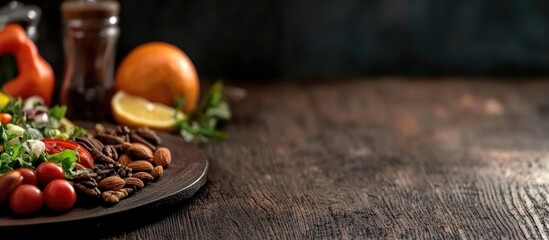 Aufkleber - Fresh salad with assorted vegetables nuts and citrus fruits on a rustic wooden table celebrating healthy eating and vibrant flavors