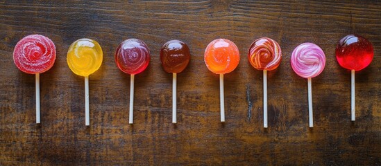 Poster - Colorful assortment of lollipops arranged on rustic wooden table in aerial view showcasing vibrant sweets and delightful textures