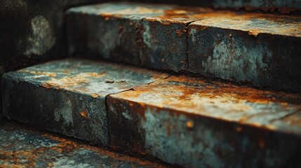 Poster - Close up of weathered stair tiles showcasing rust and dirt focusing on design solutions for restoration and aesthetic improvements