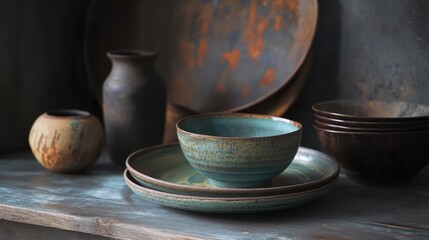 Aufkleber - Rustic tableware still life featuring handcrafted pottery bowls and vases with earthy tones and textures for dining and decoration purposes