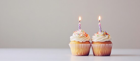 Poster - Colorful birthday cupcakes topped with frosting and candles on a minimalistic white background celebrating a special occasion.