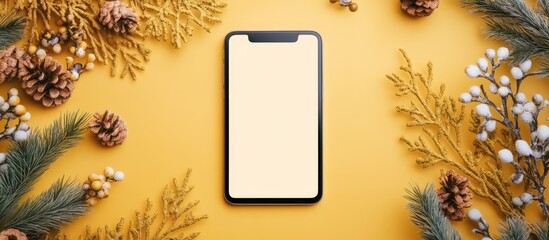 Aufkleber - Digital phone mockup on yellow background surrounded by rustic decorations for app showcasing and online shopping ideas with blank space