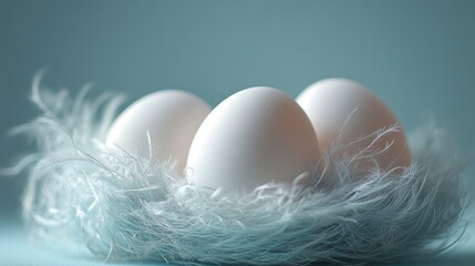 Aufkleber - Elegant white eggs nestled in soft feathers on a serene light blue background showcasing tranquility and purity in nature.