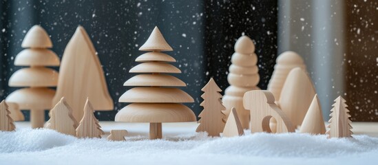 Poster - Decorative wooden trees on snow with a rustic wooden backdrop ideal for holiday-themed decor and creative winter scenes