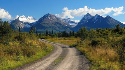 Aufkleber - Winding dirt road through a lush valley with majestic mountains and blue sky in the background showcasing natural beauty and serene landscape