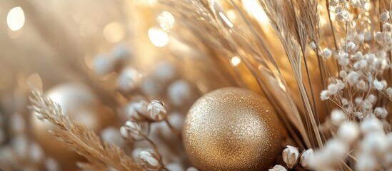 Poster - Elegant golden spheres and dried herbs in a decorative arrangement showcasing natural and synthetic elements in warm beige tones.