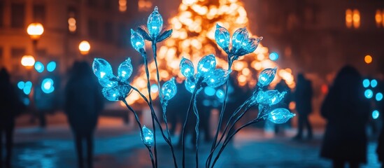 Poster - Glowing blue electric bulb flowers illuminate a festive square with a beautifully lit Christmas tree in the background during the holiday season