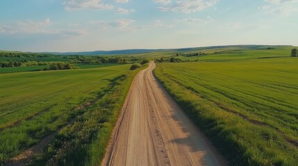 Aufkleber - Serene dirt road winding through lush green meadows in a picturesque countryside valley summer landscape.