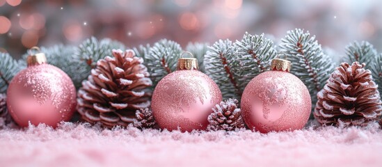 Poster - Festive winter arrangement with pink Christmas ornaments and frosted pine cones on a soft pink background for holiday decor and celebrations