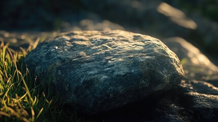 Poster - Natural stone resting on grass illuminated by sunlight showcasing texture and color variations in an outdoor setting.