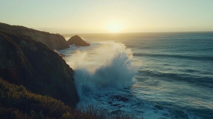 Poster - Dynamic Ocean Wave at Sunset Crash Against Rocky Shoreline in Coastal Landscape