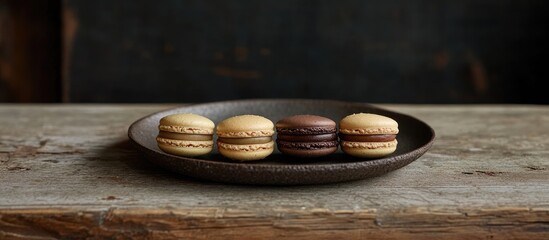 Poster - Artisan French macaroons assortment on rustic plate showcasing classic flavors and textures for gourmet dessert presentations
