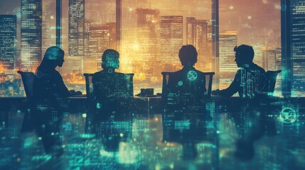 Poster - Silhouetted figures in a meeting with a futuristic city backdrop and digital overlays.