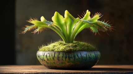 Wall Mural - Dionaea muscipula unique green flower arrangement in decorative pot on rustic wooden surface