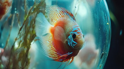 Aufkleber - Vibrant discus fish swimming gracefully in a clear aquarium showcasing intricate patterns and colors against a natural aquatic backdrop.