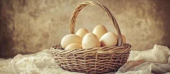 Poster - Decorative vintage Easter eggs in a rustic basket with soft focus and retro toning creating a nostalgic festive atmosphere
