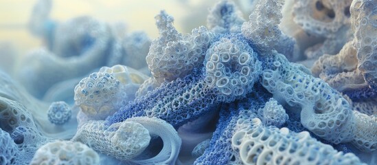 Poster - Intricate marine textures showcasing unique coral formations in soft blue and white hues under gentle ocean light
